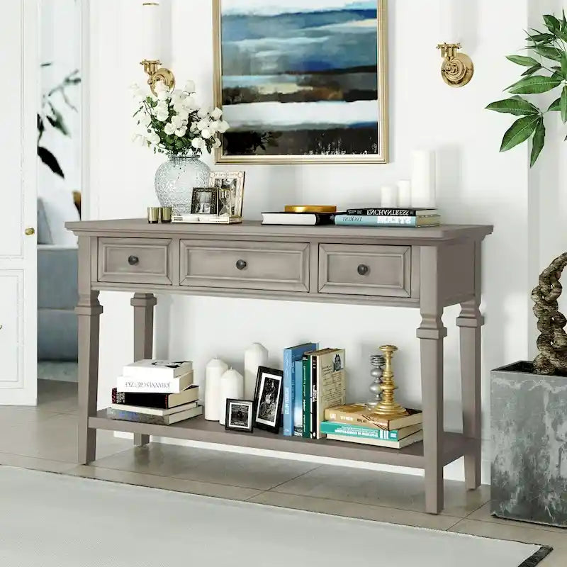Vintage Solid Wood Console Table with 3 Drawers Bottom Shelf Retro Metal Handles 50 L Multiple Colors