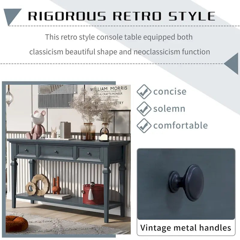 Vintage Solid Wood Console Table with 3 Drawers Bottom Shelf Retro Metal Handles 50 L Multiple Colors