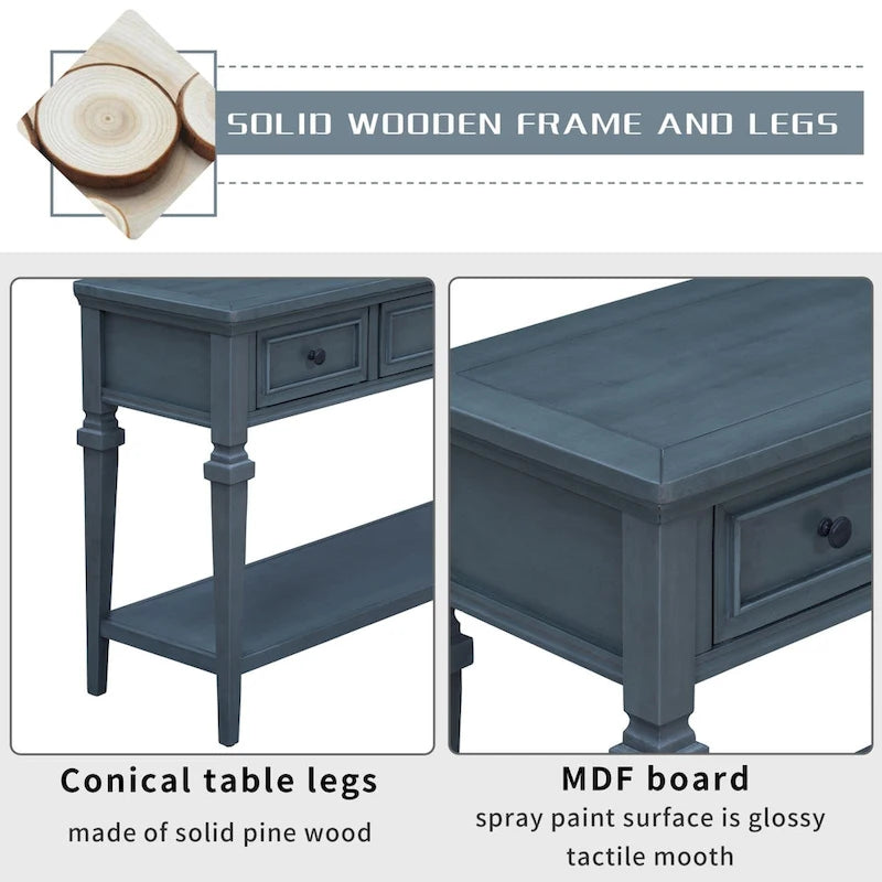 Vintage Solid Wood Console Table with 3 Drawers Bottom Shelf Retro Metal Handles 50 L Multiple Colors