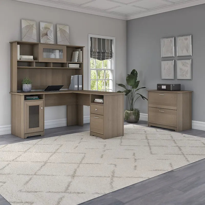 Cabot 60W L-Shaped Desk with Hutch and File Cabinet by Bush Furniture