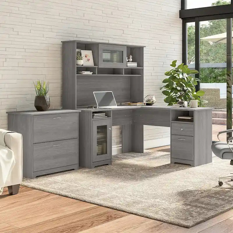 Cabot 60W L-Shaped Desk with Hutch and File Cabinet by Bush Furniture