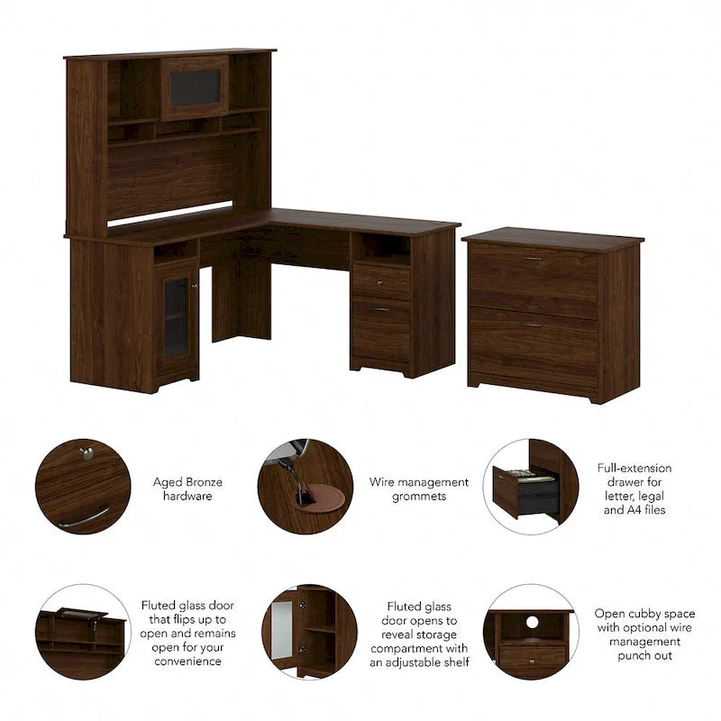 Cabot 60W L-Shaped Desk with Hutch and File Cabinet by Bush Furniture