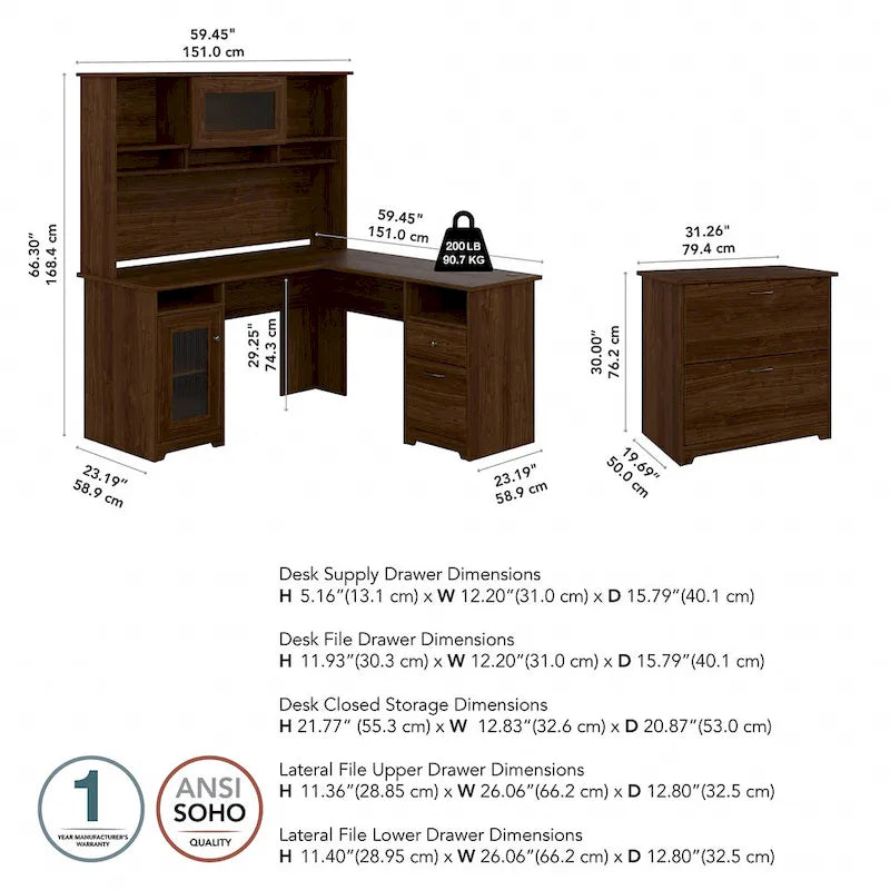 Cabot 60W L-Shaped Desk with Hutch and File Cabinet by Bush Furniture