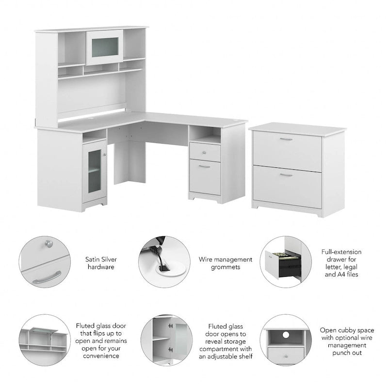 Cabot 60W L-Shaped Desk with Hutch and File Cabinet by Bush Furniture