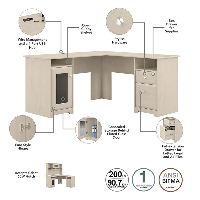 Cabot 60W L-Shaped Desk with Hutch and File Cabinet by Bush Furniture