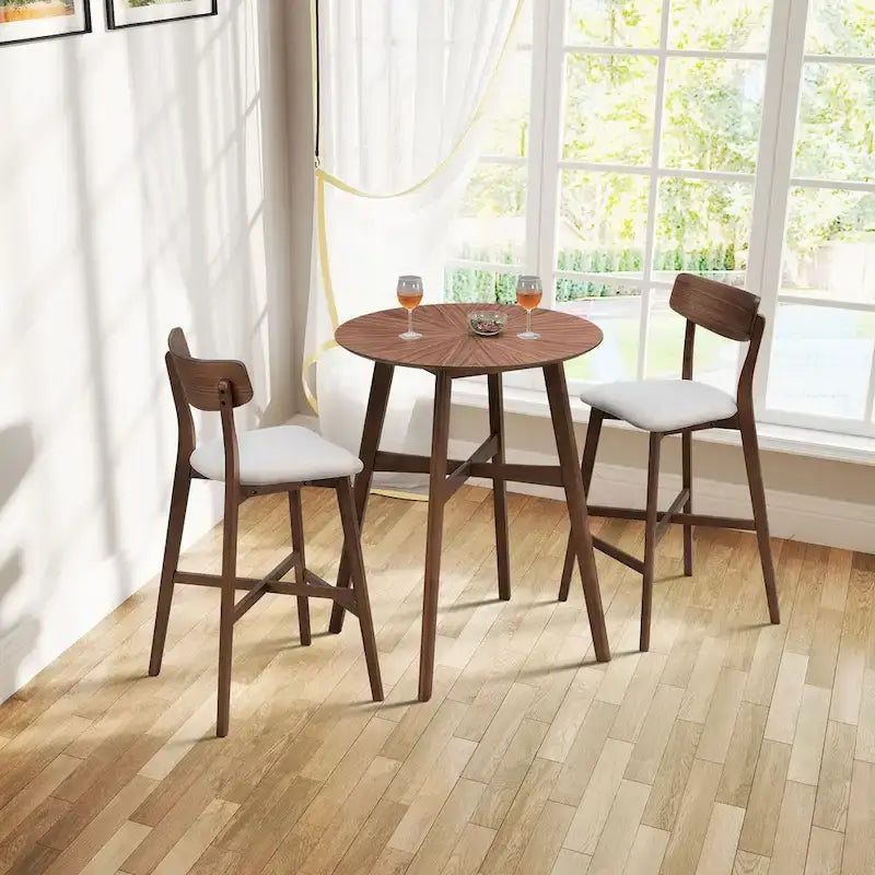 31.5 Modern Round Bar Table with Solid Wood Legs and Reinforced Crossbar, Suitable for Bar, Caf, Kitchen, Living Room