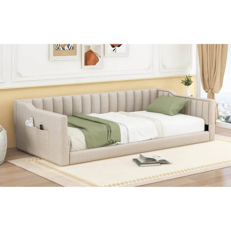 Twin XL Size Upholstery Daybed and Side Storage pocket