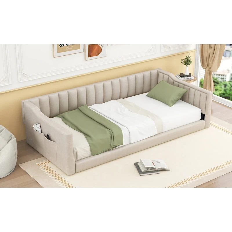 Twin XL Size Upholstery Daybed and Side Storage pocket