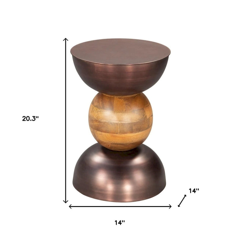 HomeRoots 20 Bronze and Brown Iron and Solid Wood Round Pedestal End Table - 14' X '20.3' X '14