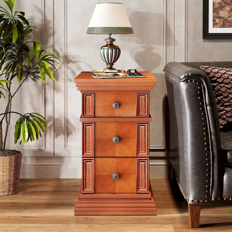 Narrow End Table with 3 Drawers, Vintage Sofa Side Table