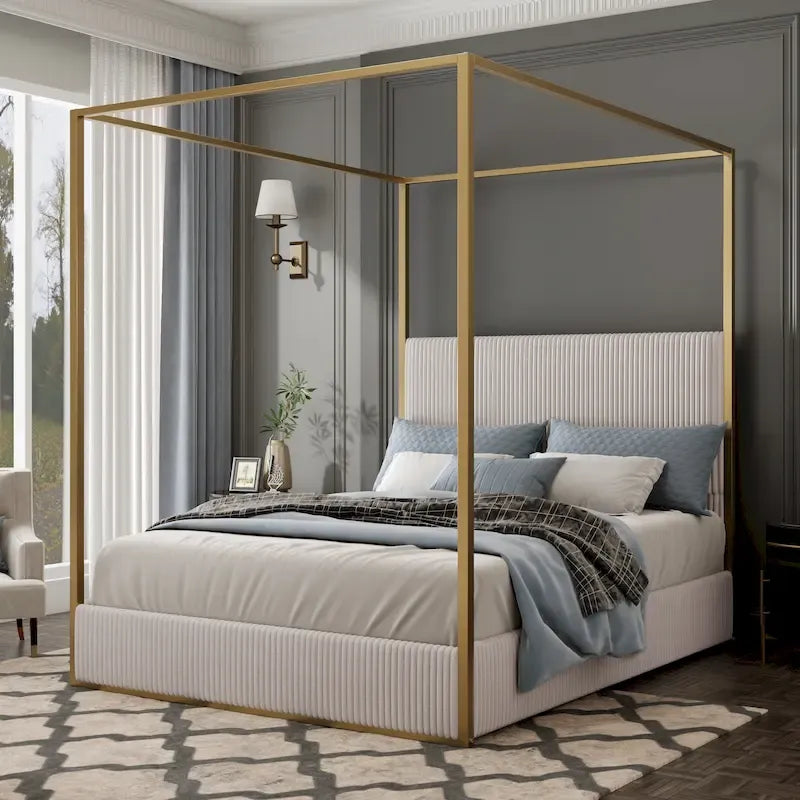 Contemporary Corduroy Upholstered Canopy Bed with Tall Headboard & Sleek Metal Frame