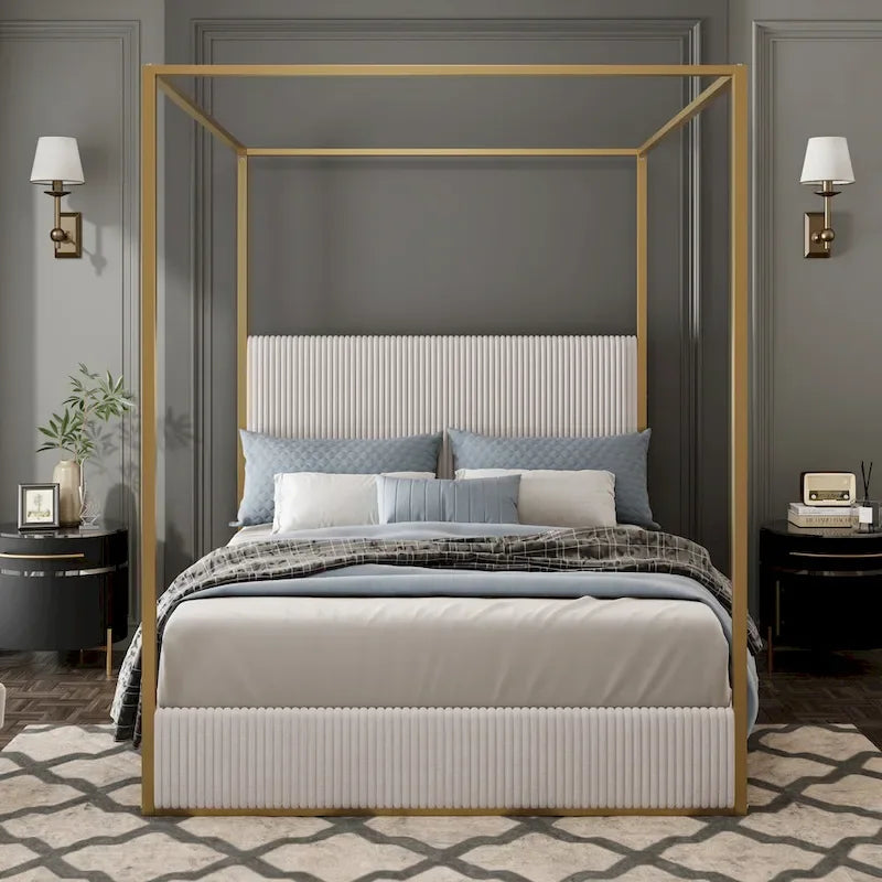 Contemporary Corduroy Upholstered Canopy Bed with Tall Headboard & Sleek Metal Frame