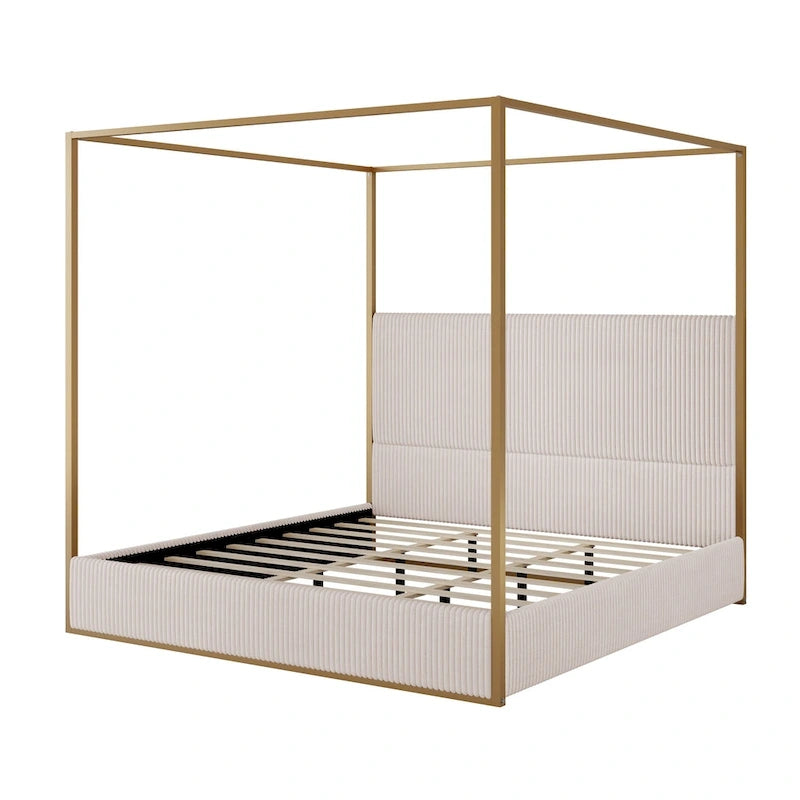 Contemporary Corduroy Upholstered Canopy Bed with Tall Headboard & Sleek Metal Frame