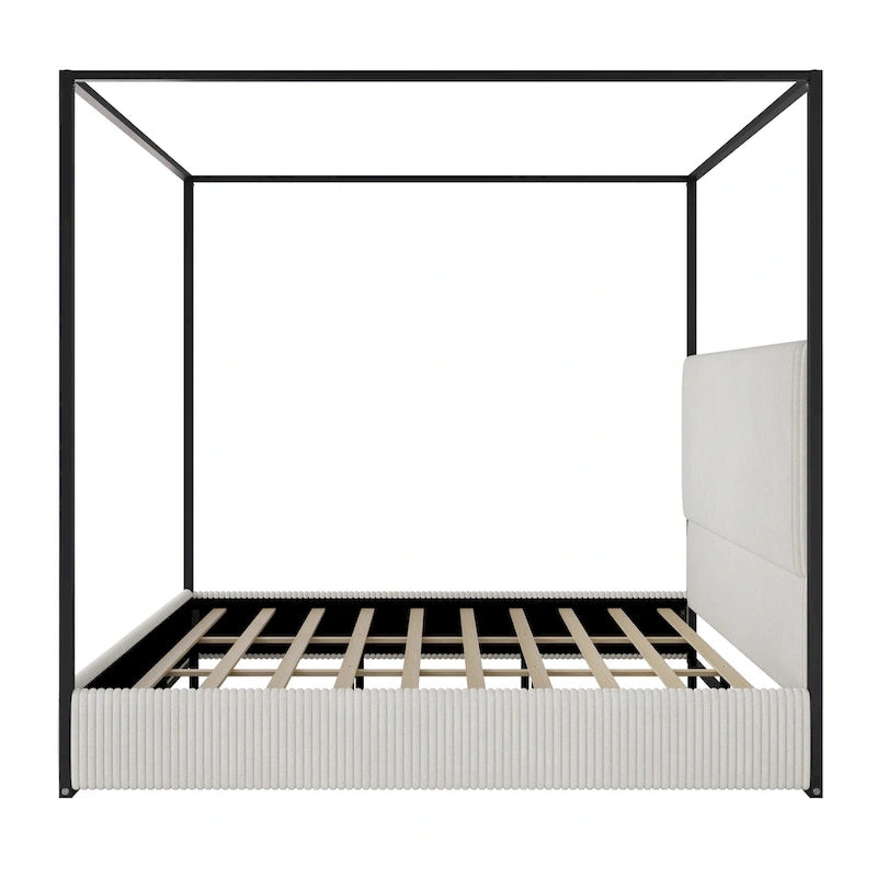 Contemporary Corduroy Upholstered Canopy Bed with Tall Headboard & Sleek Metal Frame
