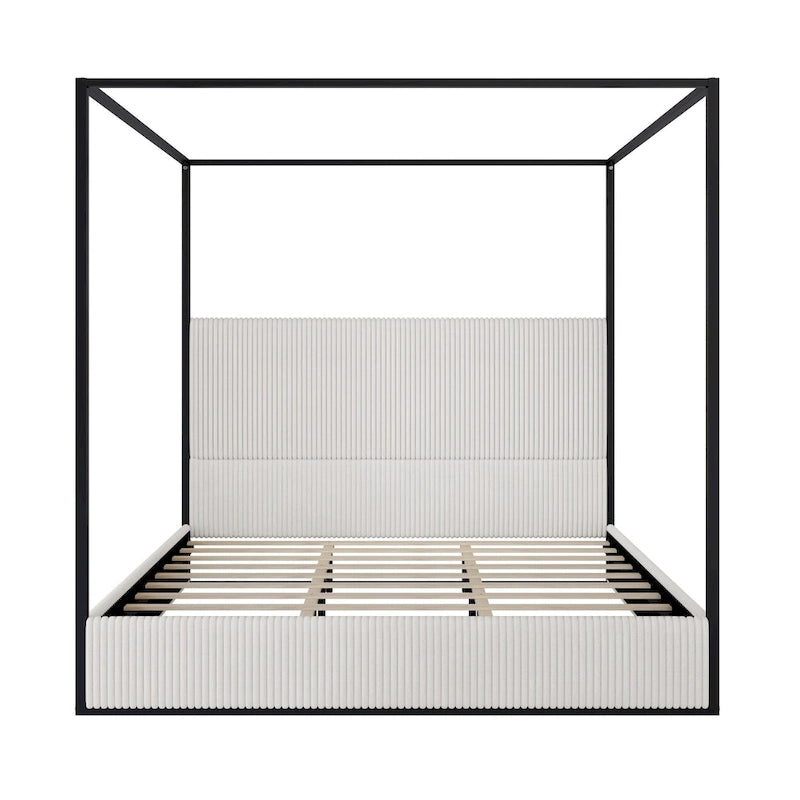 Contemporary Corduroy Upholstered Canopy Bed with Tall Headboard & Sleek Metal Frame