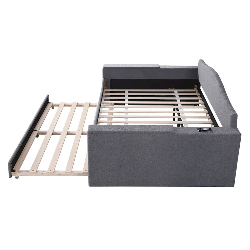 Twin Size Upholstered Daybed with Storage Armrests, Trundle and Latest Integrated Bluetooth Audio System, Teddy Fleece, Beige