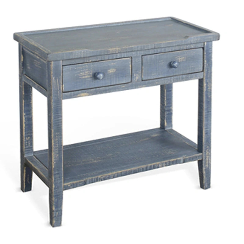 Rena Side End Table, 2 Drawers 1 Shelf, 28 Inch Rustic Blue Mahogany