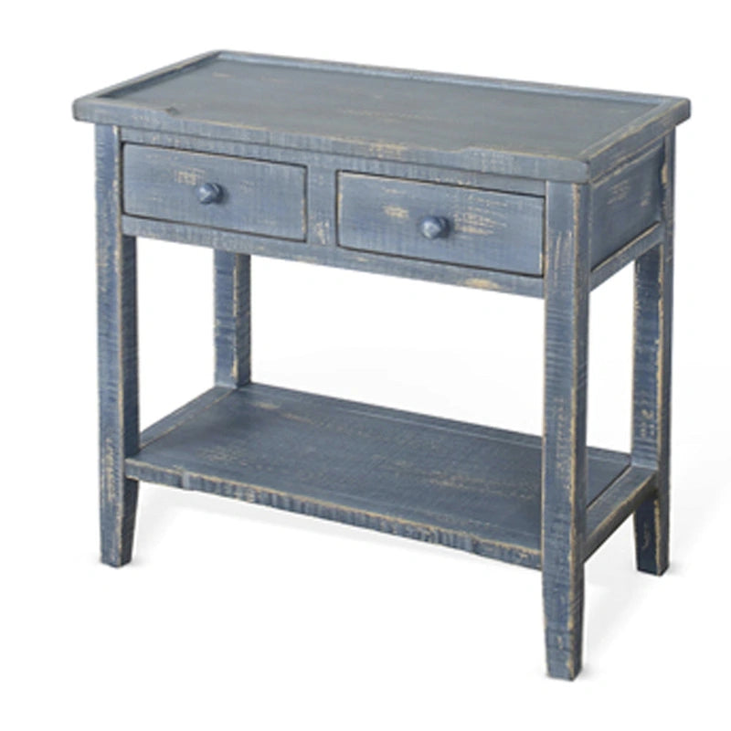 Rena Side End Table, 2 Drawers 1 Shelf, 28 Inch Rustic Blue Mahogany