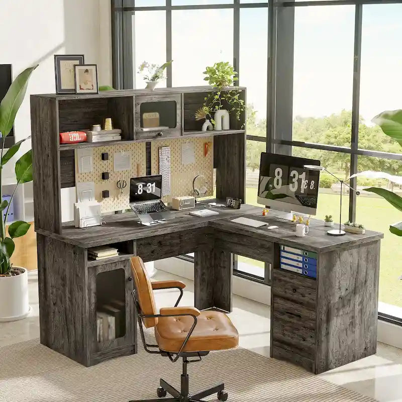 L-shaped Executive Desk Office Computer Table with Top Hutch and Charge Station