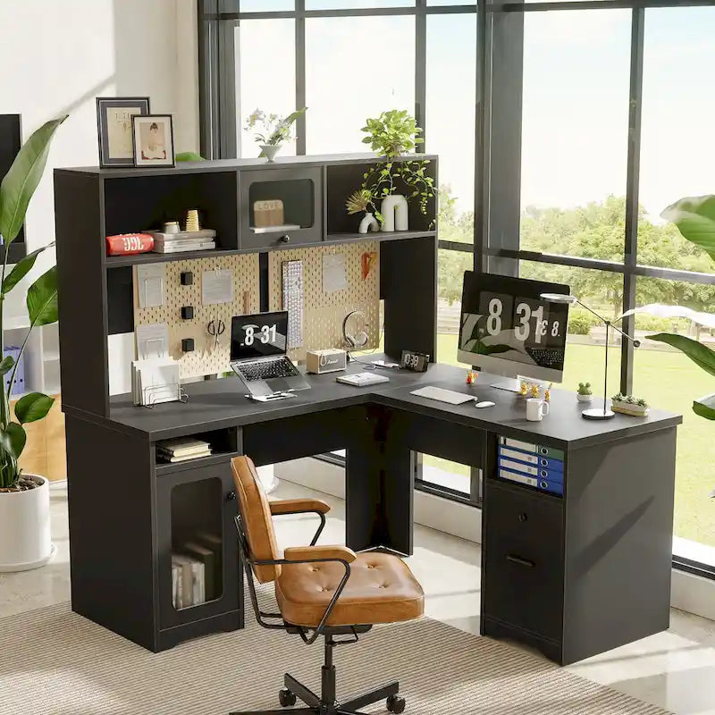 L-shaped Executive Desk Office Computer Table with Top Hutch and Charge Station