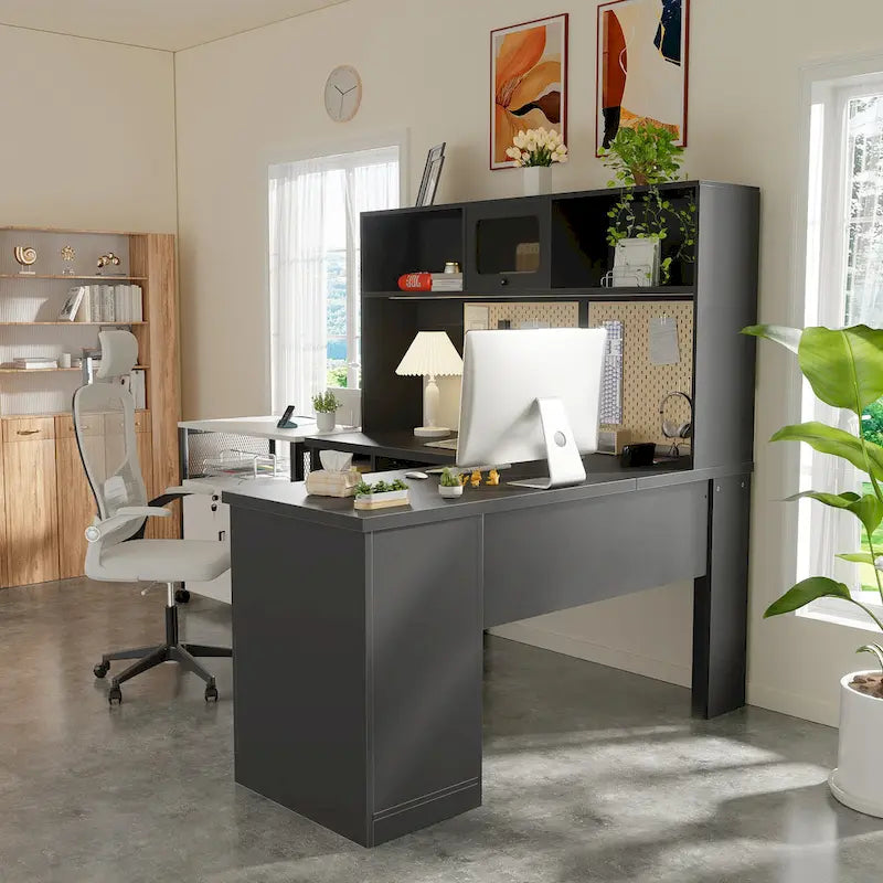 L-shaped Executive Desk Office Computer Table with Top Hutch and Charge Station