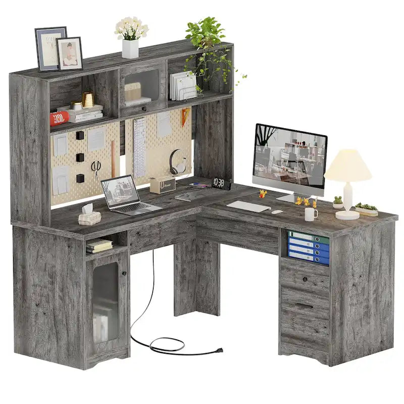 L-shaped Executive Desk Office Computer Table with Top Hutch and Charge Station