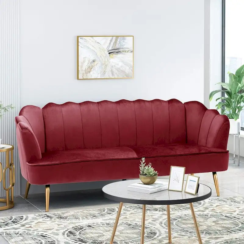 76.25 Velvet Channel Stitching 3-seater Sofa with Metal Legs for Living Room