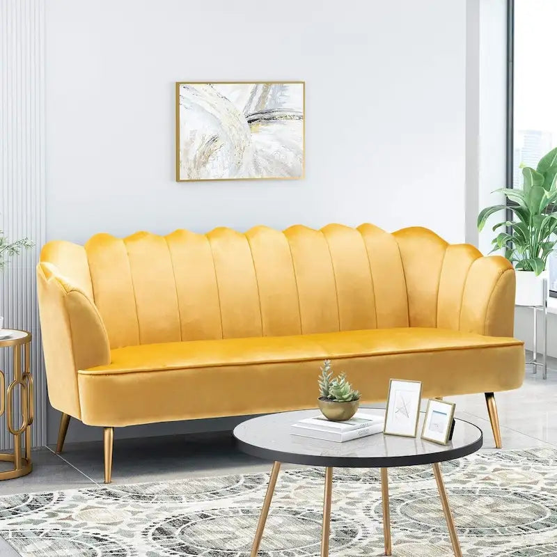 76.25 Velvet Channel Stitching 3-seater Sofa with Metal Legs for Living Room