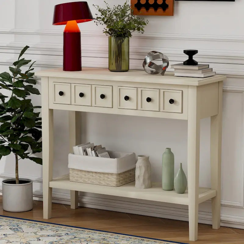 38.2 Rustic Console Table with Open Shelf and Three Drawers, Rubber Wood Legs