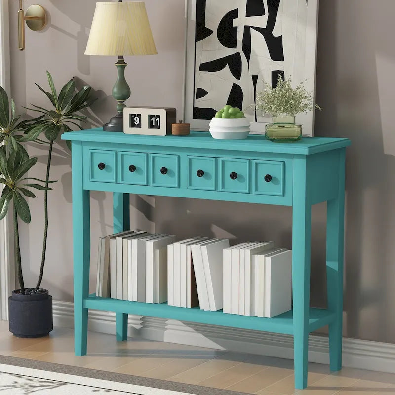 38.2 Rustic Console Table with Open Shelf and Three Drawers, Rubber Wood Legs