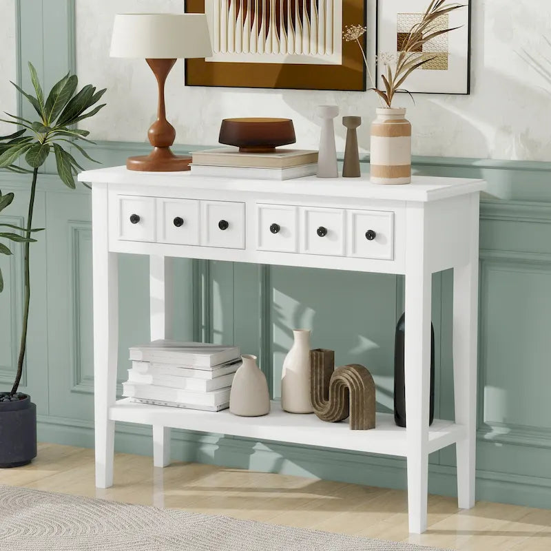 38.2 Rustic Console Table with Open Shelf and Three Drawers, Rubber Wood Legs