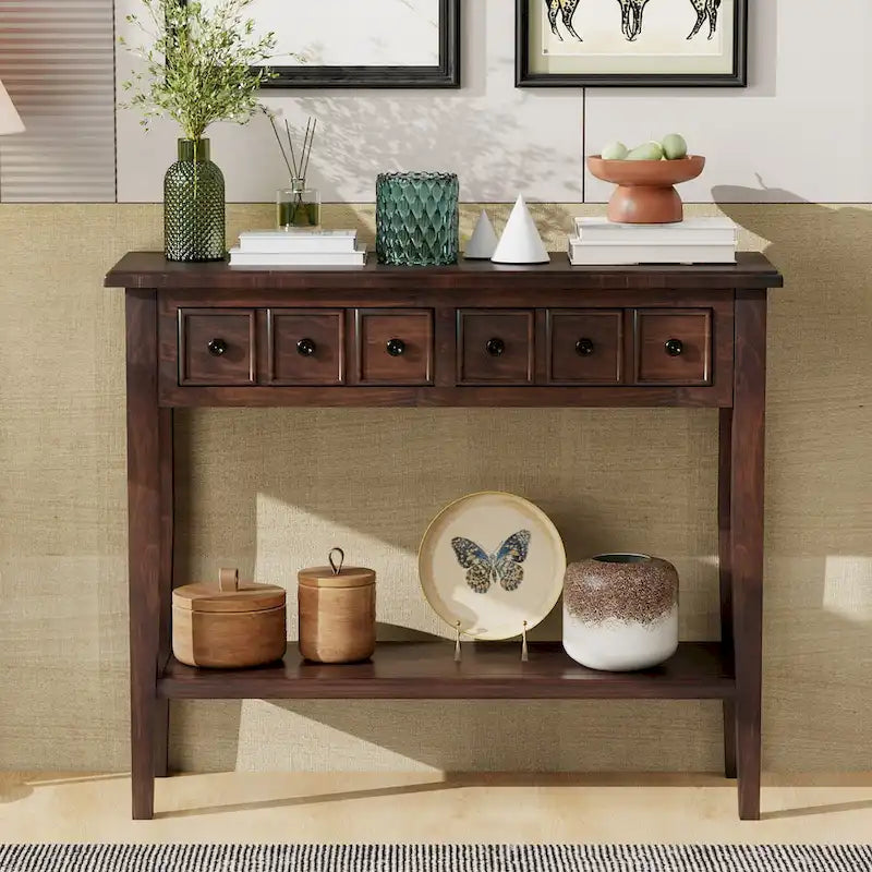 38.2 Rustic Console Table with Open Shelf and Three Drawers, Rubber Wood Legs