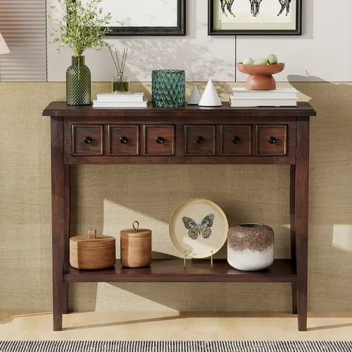38.2 Rustic Console Table with Open Shelf and Three Drawers, Rubber Wood Legs