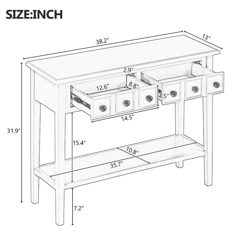 38.2 Rustic Console Table with Open Shelf and Three Drawers, Rubber Wood Legs