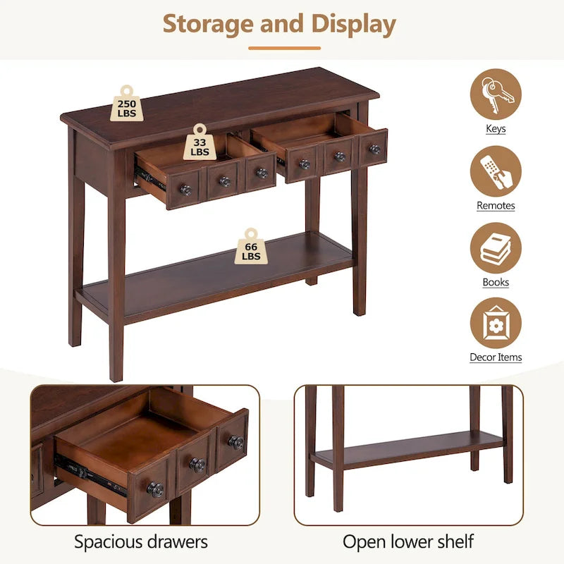 38.2 Rustic Console Table with Open Shelf and Three Drawers, Rubber Wood Legs