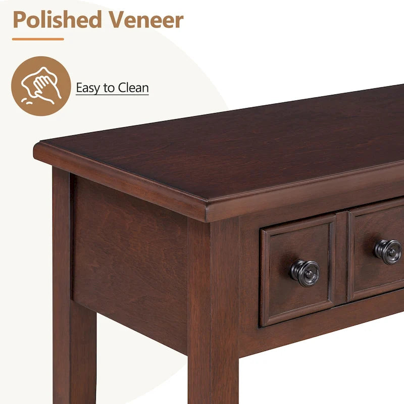 38.2 Rustic Console Table with Open Shelf and Three Drawers, Rubber Wood Legs