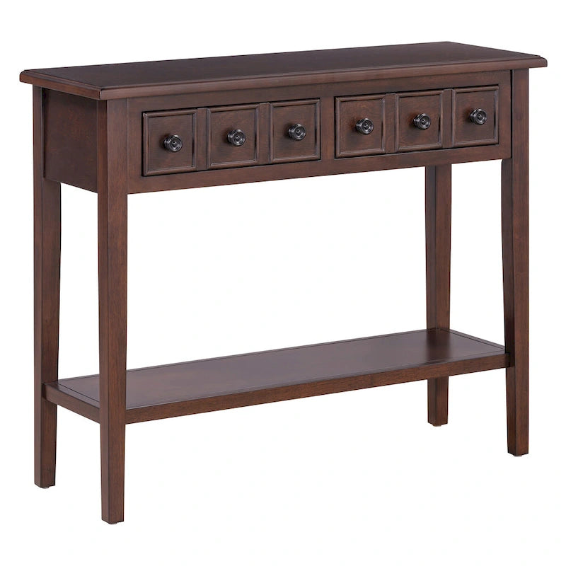 38.2 Rustic Console Table with Open Shelf and Three Drawers, Rubber Wood Legs