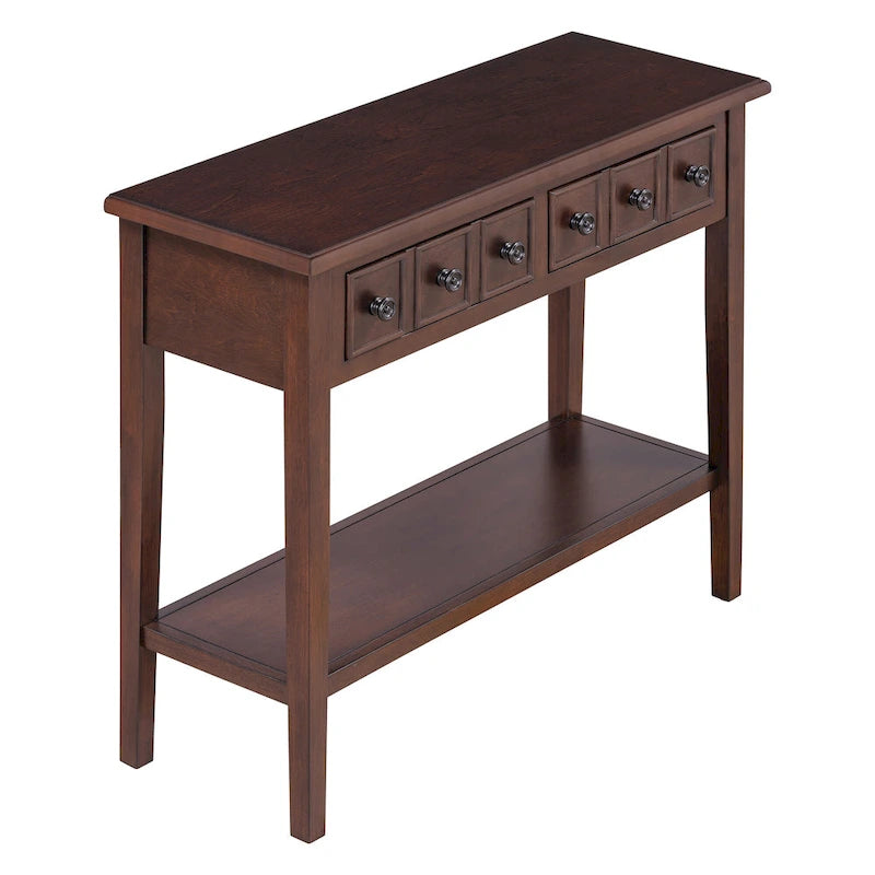38.2 Rustic Console Table with Open Shelf and Three Drawers, Rubber Wood Legs