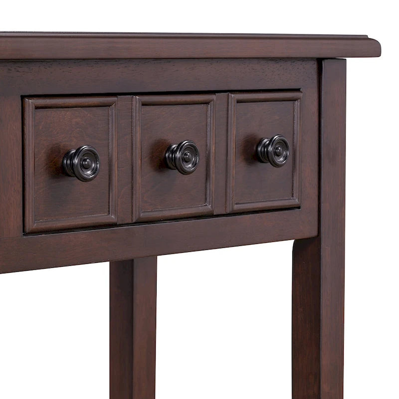 38.2 Rustic Console Table with Open Shelf and Three Drawers, Rubber Wood Legs