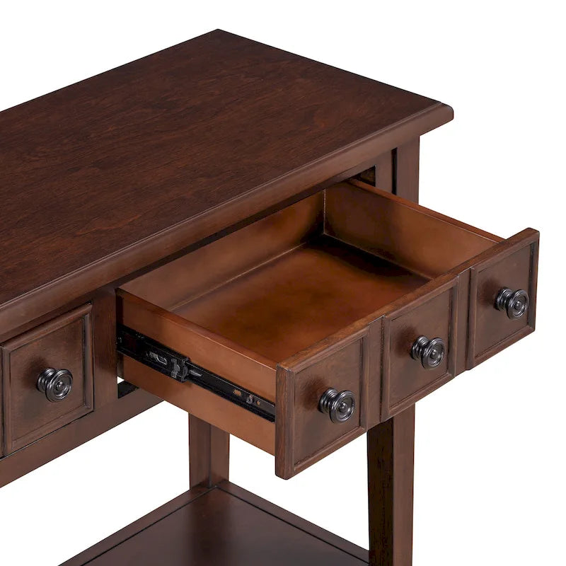 38.2 Rustic Console Table with Open Shelf and Three Drawers, Rubber Wood Legs