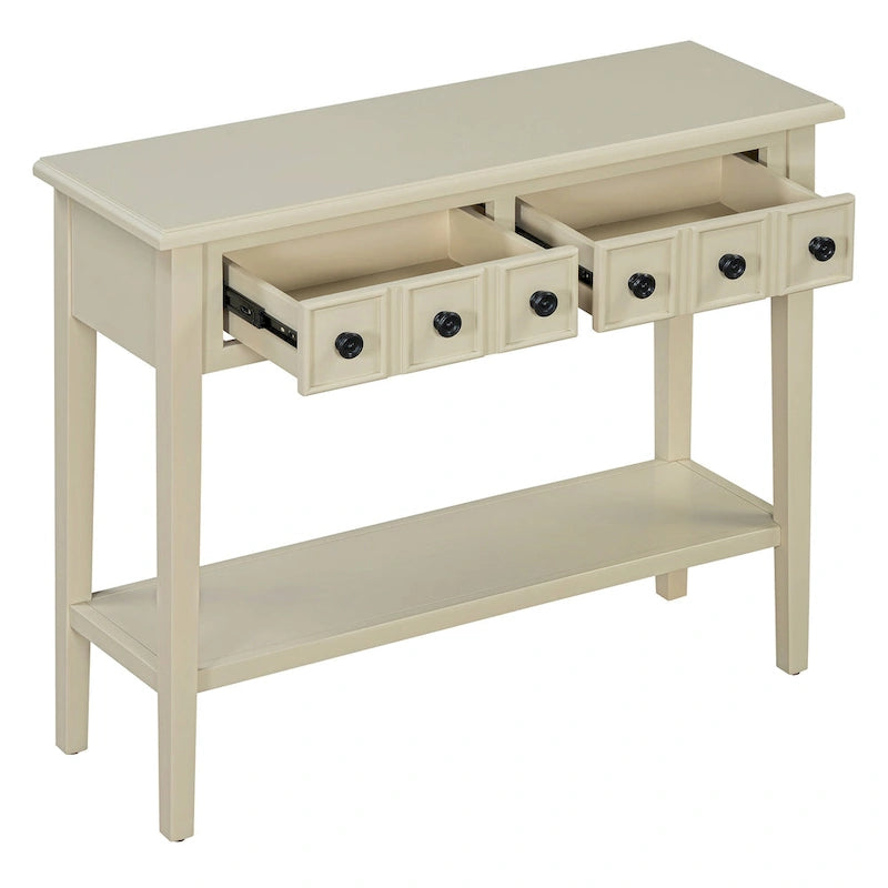 38.2 Rustic Console Table with Open Shelf and Three Drawers, Rubber Wood Legs