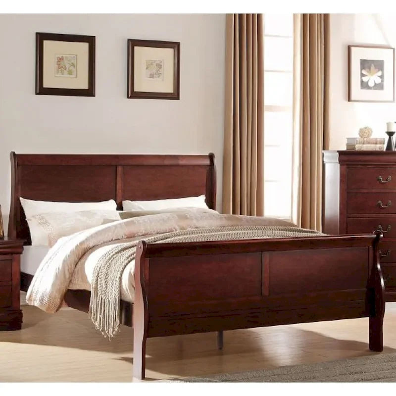 Cherry Twin Size Transitional Solid Wood Bed with Veneers & Brass Hardware