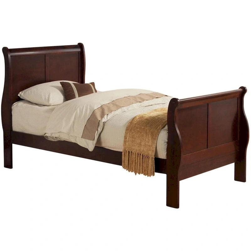 Cherry Twin Size Transitional Solid Wood Bed with Veneers & Brass Hardware