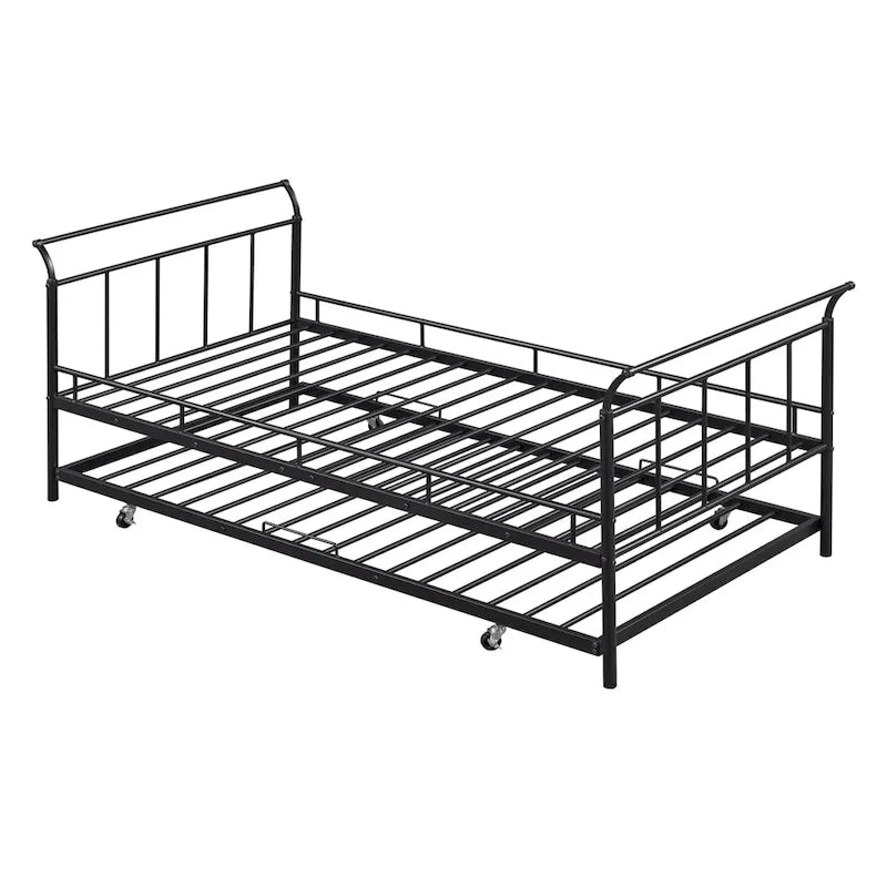Twin Size Metal Daybed with Curved Handle Design and Twin Size Trundle