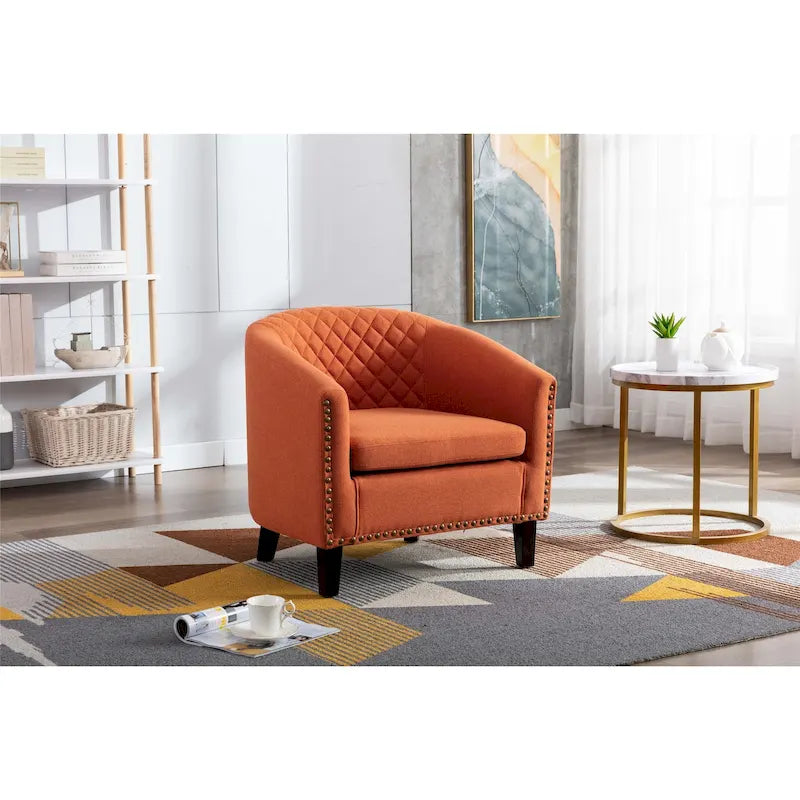 Accent Barrel chair living room chair with nailheads and solid wood legs