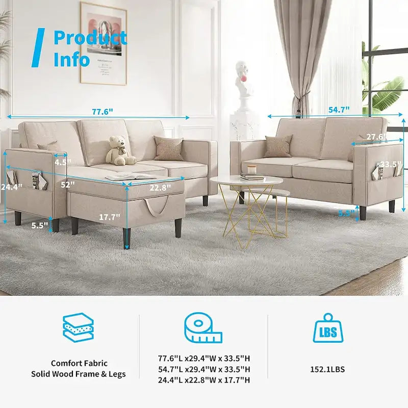 Mixoy Convertible Sectional Sofa Couches,3-Seater with Loveseat,Ottoman