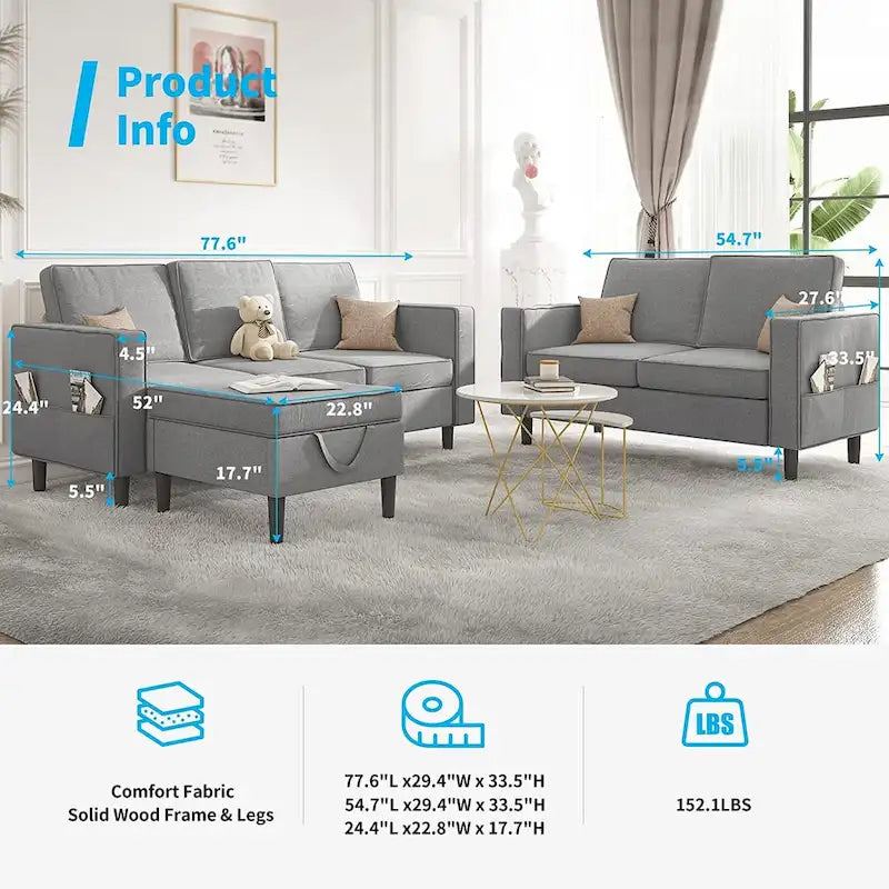 Mixoy Convertible Sectional Sofa Couches,3-Seater with Loveseat,Ottoman