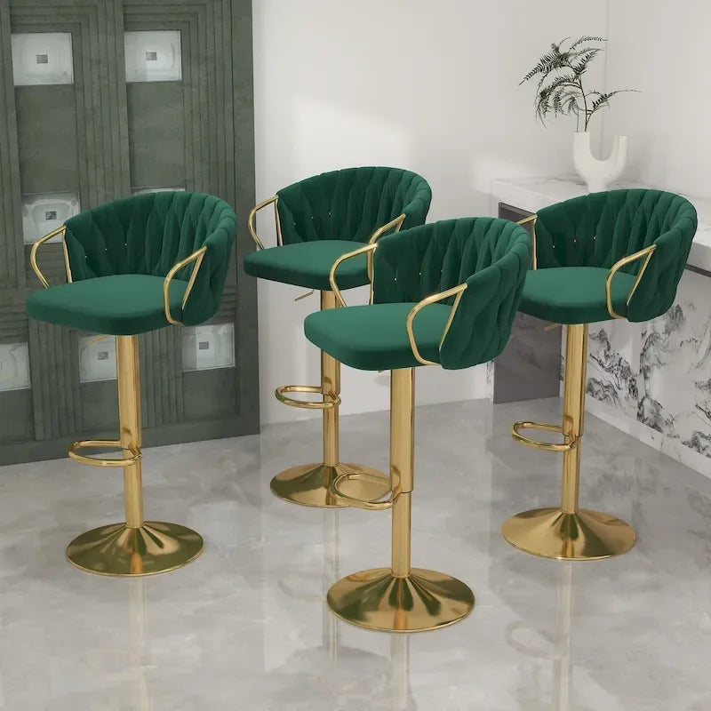 Set of 4 Bar Stool Adjustable Height Swivel Velvet Woven