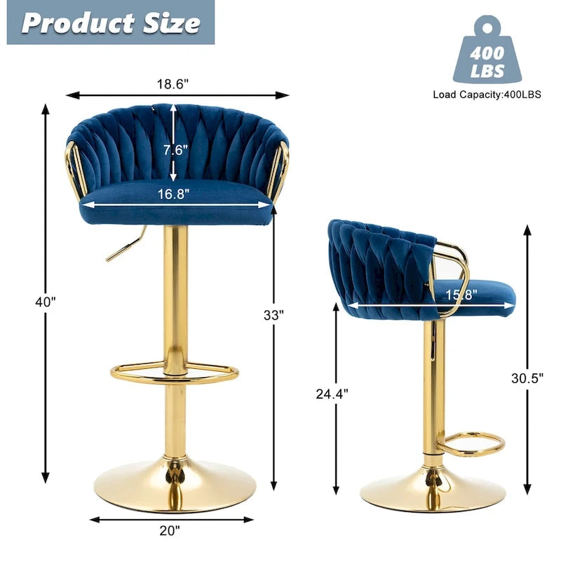 Set of 4 Bar Stool Adjustable Height Swivel Velvet Woven