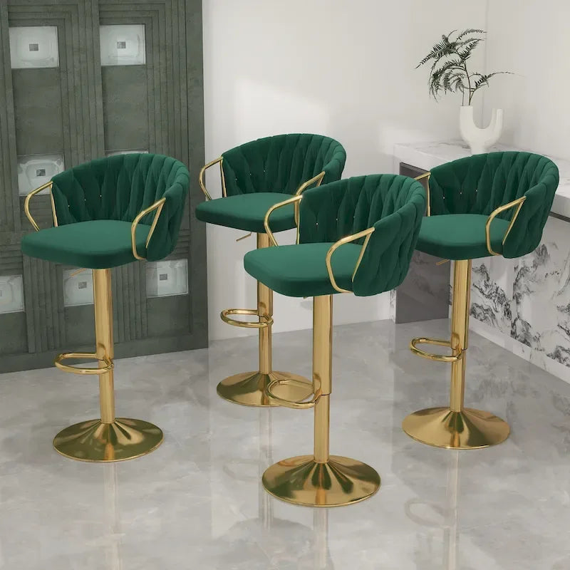 Set of 4 Bar Stool Adjustable Height Swivel Velvet Woven